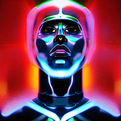 Prompt: chrome jesus, glossy, metallic, neon, symmetrical, tribal patterns, realistic, unreal engine, octane, redshift, artstation, behance