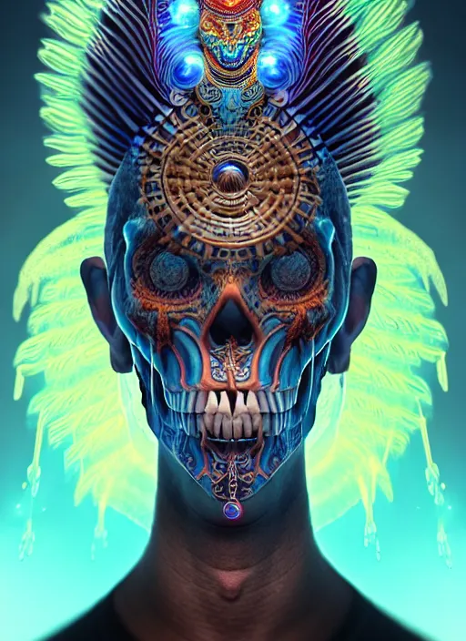 Image similar to 3 d shaman with tattoos profile portrait, sigma 5 0 0 mm f / 5. beautiful intricate highly detailed quetzalcoatl skull and feathers. bioluminescent, plasma, lava, ice, water, wind, creature, thunderstorm! artwork by tooth wu and wlop and beeple and greg rutkowski, 8 k trending on artstation,