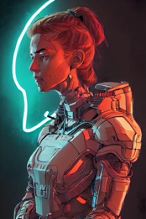 Image similar to portrait of a girl with a biomechanic armor and neon light by Laurie Greasley and Greg Rutkowski , digital painting, highly detailed, trending on artstation