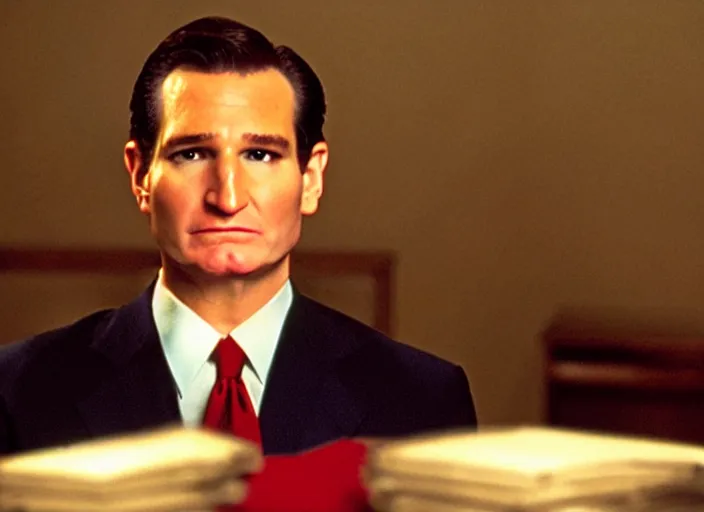 Image similar to film still of ted cruz as patrick bateman in american psycho