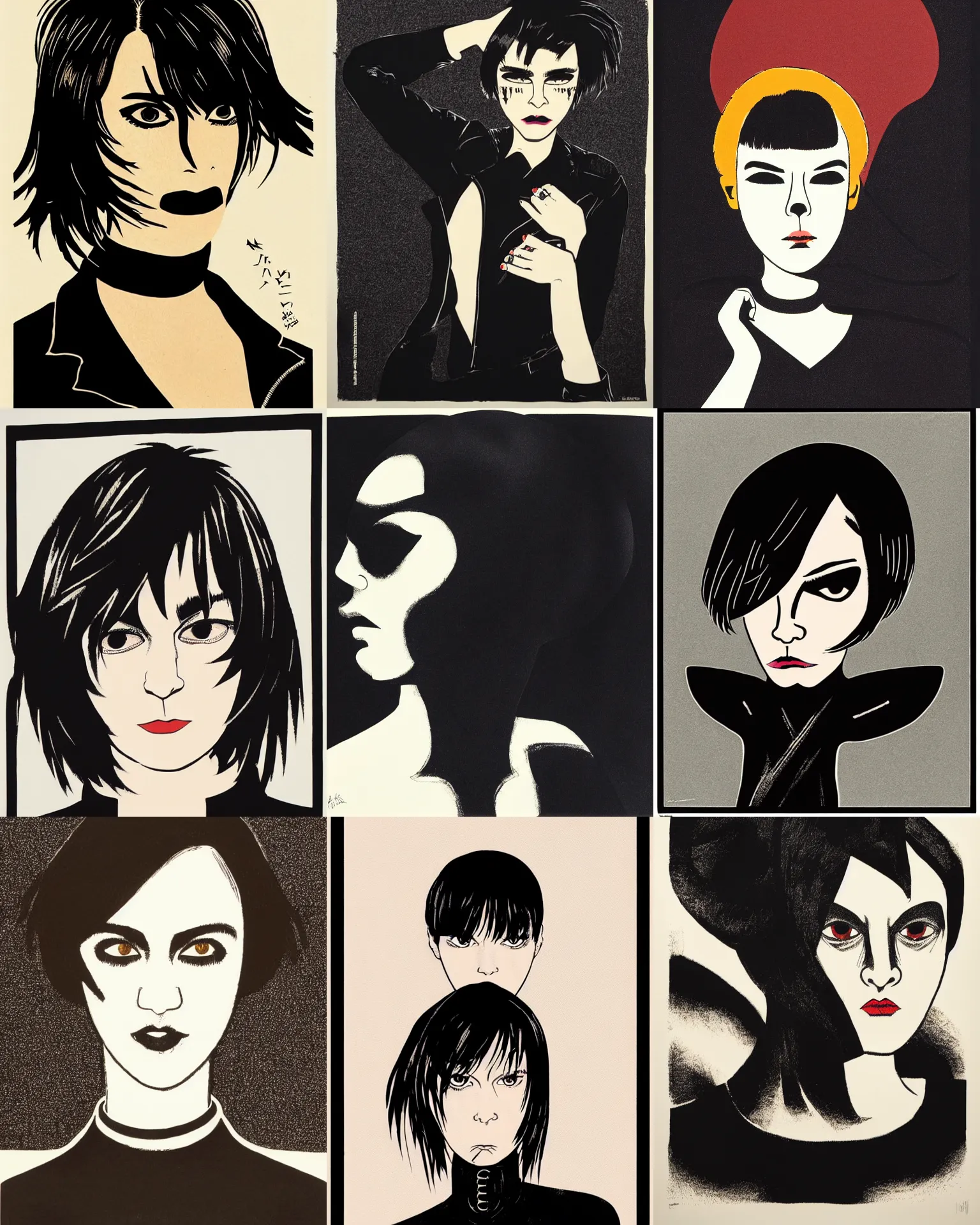 Prompt: A silkscreen print serigraph. Her hair is dark brown and cut into a short, messy pixie cut. She has a slightly rounded face, with a pointed chin, large evil eyes with entirely-black sclerae!!!!!!, and a small nose. She is wearing a black leather jacket, a black knee-length skirt, a black choker, and black leather boots.