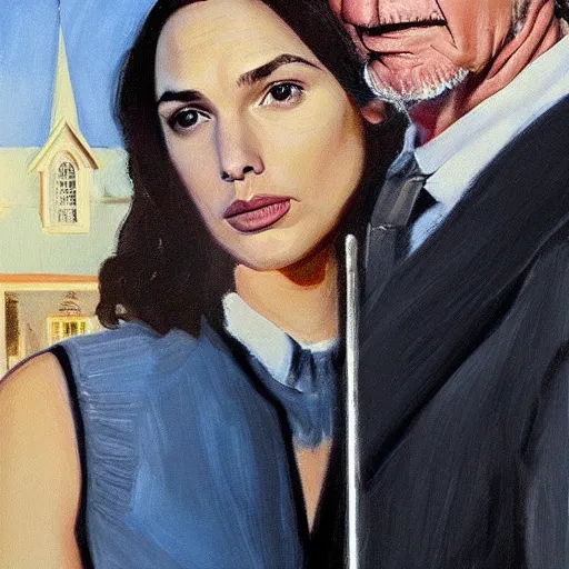 Prompt: gal gadot and harrison ford as the couple in the painting american gothic 4 k photorealism hd