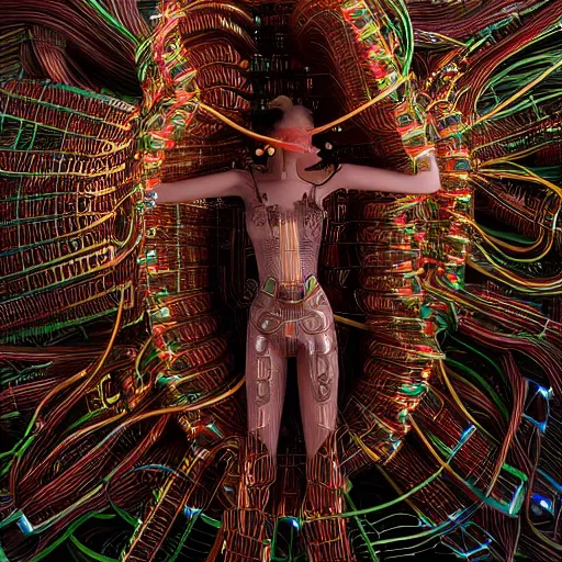 Prompt: give me a higher love, piles of modular synth cables, goddess swimming up wearing a headpiece made of circuit boards, by cameron gray, wlop, stanley kubrick, masamune, hideki anno, unique perspective, trending on artstation, 3 d render, vivid