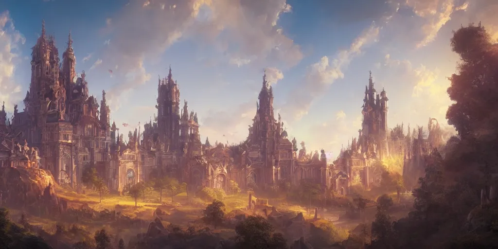 Prompt: a rococo palace in a valley, with a gigantic futuristic church and towers, fortress, morning, andreas rocha, artstation, matte painting