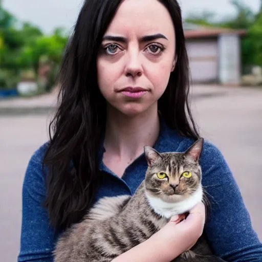 Image similar to a girl with long dark hair, her face is a mix between aubrey plaza, krysten ritter, lucy hale and maisie williams, she is holding a cat in her arms, a stock photo by juan villafuerte, pexels contest winner, high quality photo, rtx, hd, shiny eyes