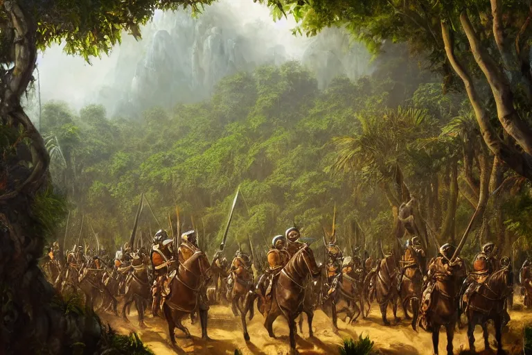 Prompt: oil painting of conquistadors marching through a magical jungle, dramatic shadowing, mysterious, adventurous, featured on artstation, highly detailed