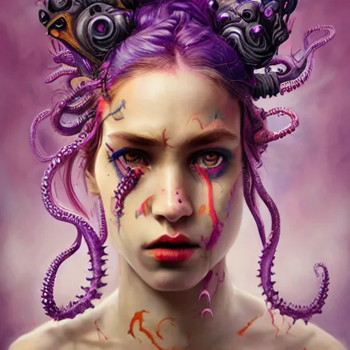 Image similar to art portrait of a furious girl with purple tentacles on her head, 8 k, by tristan eaton, stanley artgermm, tom bagshaw, greg rutkowski, carne griffiths, trending on deviantart, face enhance, hyper detailed, full of colour,