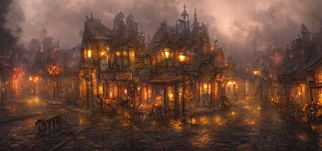 Prompt: Look of a steampunk village, rain, evening, cartoon moody scene, digital art, 8k, colorful details