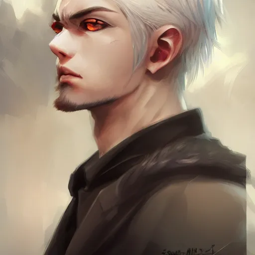 Prompt: Semi realistic anime illustration of white haired parted down the middle short hair man, with beautiful hyperdetailed black sclera eyes, portrait made by Stanley Artgerm, WLOP, Rossdraws, James Jean Andrei Riabovitchev, Marc Simonetti, Yoshitaka Amano, Artstation