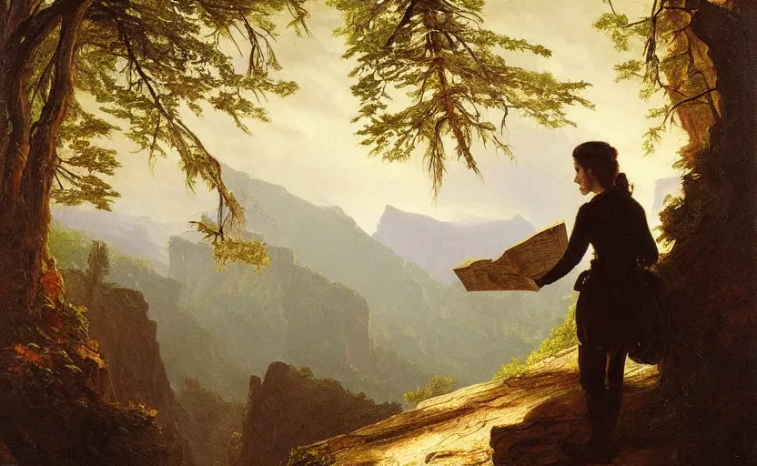 Prompt: a painting of a woman!! explorer overlooking a canyon!! in the north of quebec, in a forest!! with a map in her hands!!! style of Albert Bierstadt, high details, moody lighting, atmospheric