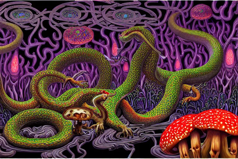 Image similar to a detailed digital art painting of a cyberpunk magick oni dragon with occult futuristic effigy of a beautiful field of mushrooms that is a adorable leopard atomic latent snakes in between ferret biomorphic molecular hallucinations in the style of escher, alex grey, stephen gammell inspired by realism, symbolism, magical realism and dark fantasy, crisp,