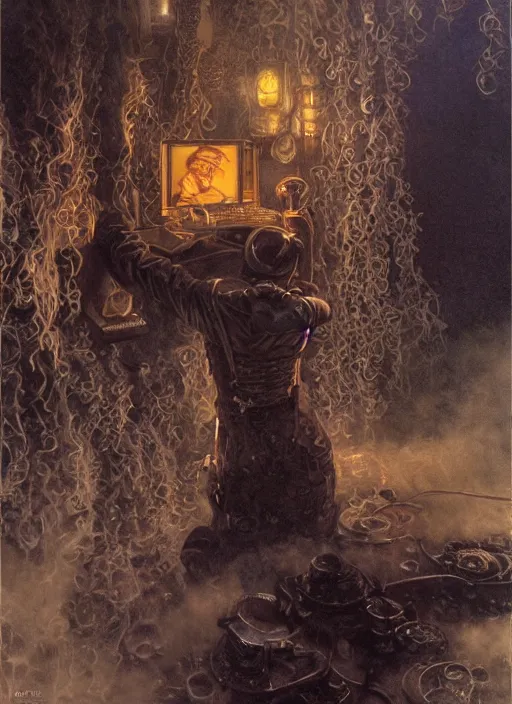 Image similar to A telemarketer created by thick steam, torch shadows, foggy night, intricate, elegant, highly detailed, donato giancola, Joseph Christian Leyendecker, WLOP, Boris Vallejo, Artgerm