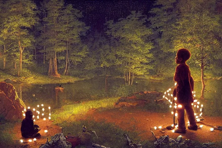 Prompt: a scenic view of a black boy talking to his ancestors in the middle of a magical forest with glow-worm lights near a lake, detailed, cinematic, dramatic scene, retro illustration by Norman Rockwell.