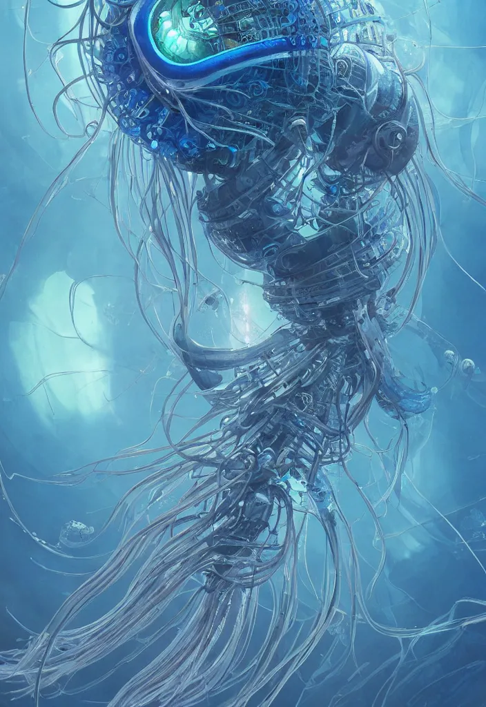 Image similar to Panorama hyper detailed painting of a cyberpunk jellyfish, blue tones, underwater, 8 mm, highly detailed, digital painting, artstation, concept art, smooth, sharp focus, illustration, art by artgerm and greg rutkowski and alphonse mucha