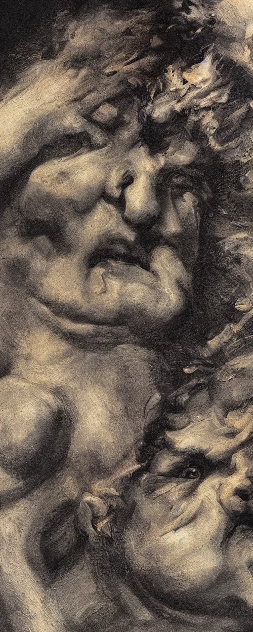 Prompt: a detail of a panting by francisco goya and ernst fuchs, angry face, war, fire, dark stone, explosions, 8 k, trending on artstation.