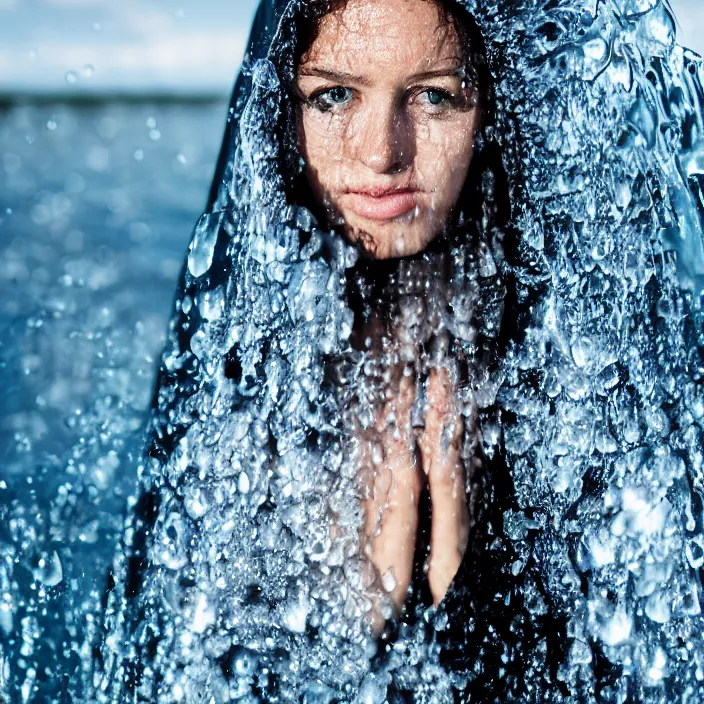 Prompt: closeup portrait of a woman wearing a hooded cloak made of water and glass, in an empty field, by Terry Richardson, natural light, detailed face, CANON Eos C300, ƒ1.8, 35mm, 8K, medium-format print