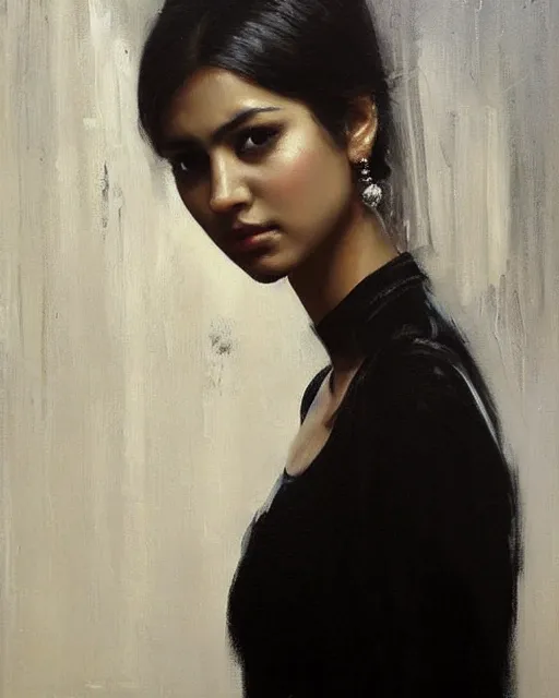 Image similar to beautiful portrait painting an gorgeous delhi girl wearing a little black dress, oil painting, art by ruan jia