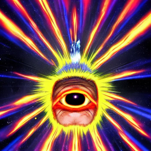 Image similar to godlike explosion coming out of Donald trumps 3rd eye,