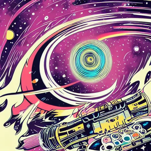 Image similar to colorful mcbess style galactic war