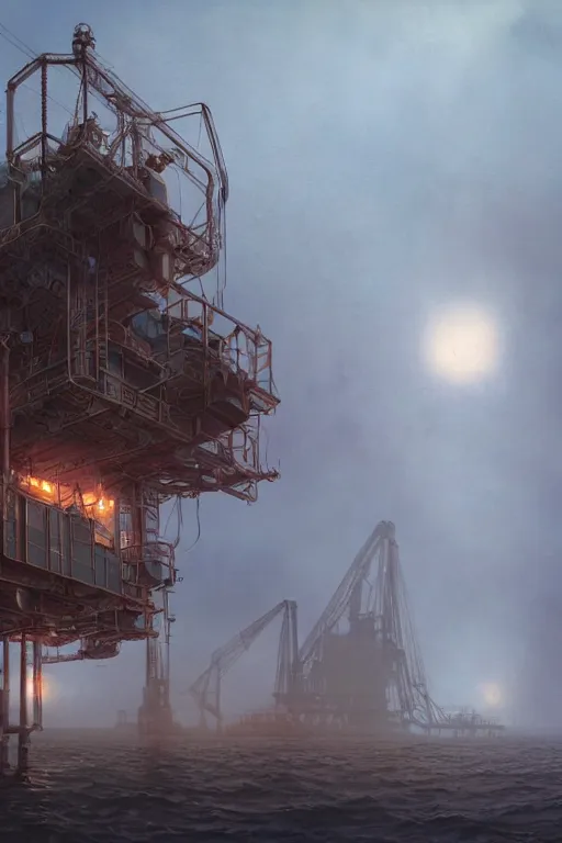 Image similar to a highly detailed matte painting of a soviet steampunk oil rig in fog at night by studio ghibli, makoto shinkai, by artgerm, by wlop, by greg rutkowski, volumetric lighting, octane render, 4 k resolution, trending on artstation, masterpiece