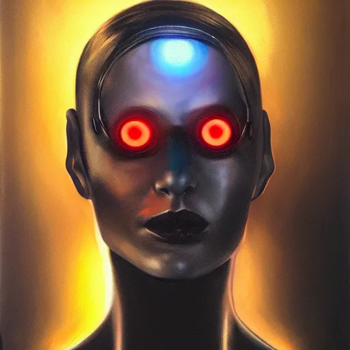 Image similar to hyperrealism oil painting portrait of cyberpunk cyborg fashion model with glowing eye