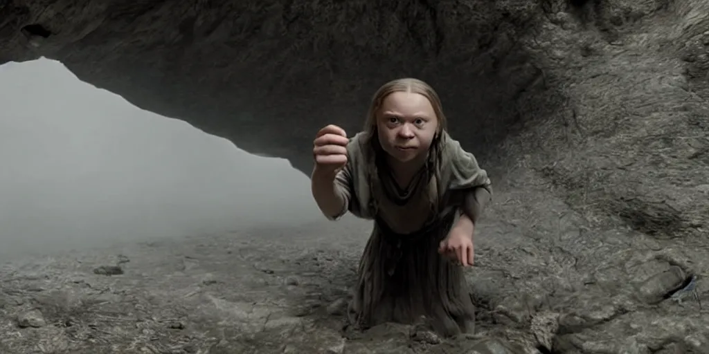 Image similar to greta thunberg as gollum, holding the ring up, inside a cave, fog, cinematic, still shot from the new lord of the rings movie