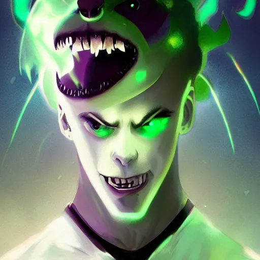 Prompt: Young Danny phantom, transluscent and ghostly, with glowing green eyes and sharp teeth fangs alt art fashion punk, art by WLOP and Charlie Bowater and WLOP and Mark Arian and Ross Tran + neon colors, symmetry,A digital matte intricate illustration concept art , intricate complexity, highly coherent, epic composition, magical atmosphere, highly super detailed, cinematic lighting + masterpiece, trending on artstation + 8k