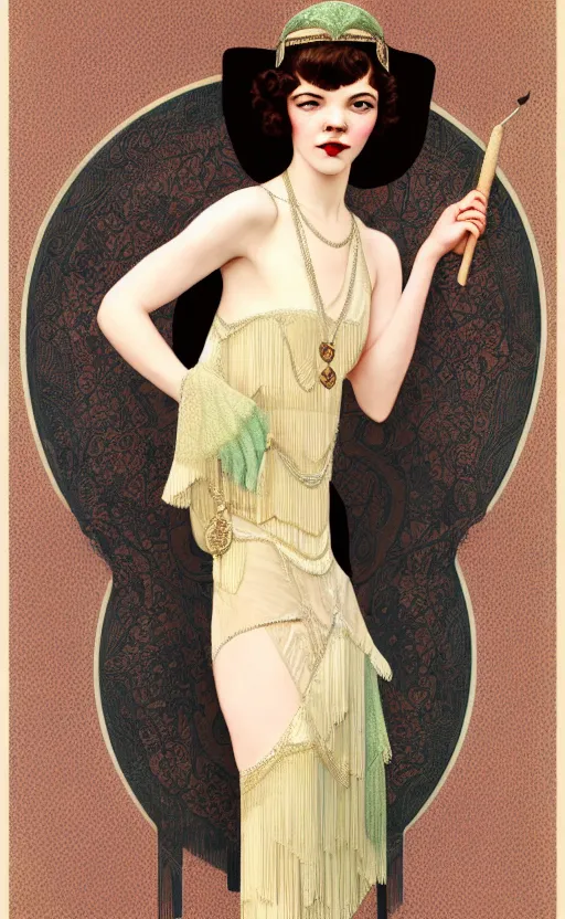 Prompt: flapper girl anya taylor-joy, beth harmon, thomasin, gina gray, casey cooke, traditional corsican, intricate, highly detailed, artstation, illustration, jurgens, rutkowski, bouguereau, mucha, roaring 20s, 1920s gaudy color