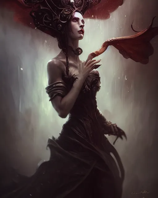 Image similar to bastien lecouffe deharme and wlop detailed portrait digital rococo painting of a beautiful serious villainess wearing fantasy clothing like liliana vess, villainess has black angel wings, evil mood, hellish battlefield in the background, unreal engine, embers flying, hyper realism, realistic shading, cinematic composition, blender render, octane render, ultrawide shot