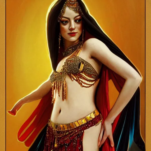 Prompt: a photorealistic portrait of emma stone dressed as a belly dancer, arabian night, high quality, fully detailed, 4 k, in focus sharp face with fine details, realistic hand details and anatomy, inspired by belly dancer on youtube, alphonse mucha, masterpiece, stunning, artstation