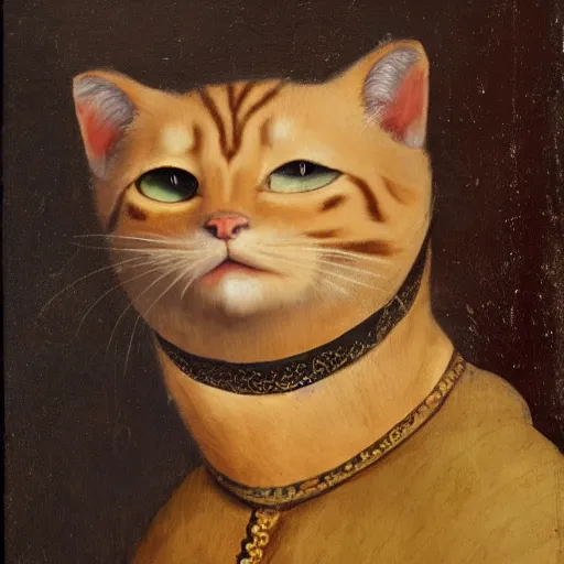 Image similar to a renaissance style portrait painting of anthropomorphic cat