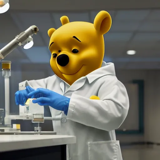 Image similar to winnie the pooh dressed in a lab coat working in a brightly lit laboratory