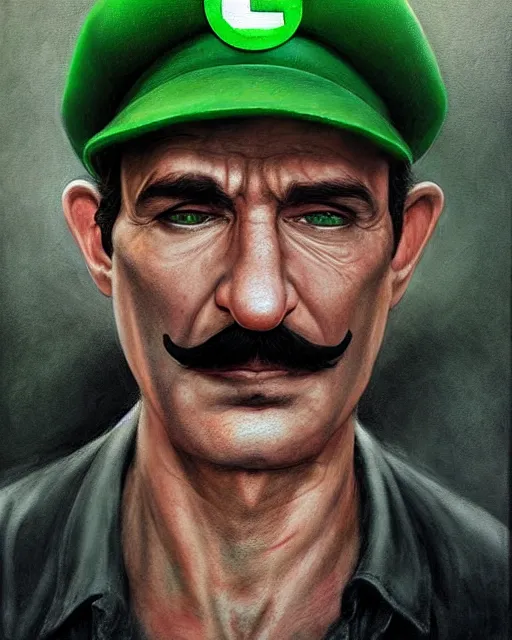 Image similar to portrait of real life super luigi, green cap, gritty, dark, beautiful, very detailed, hyperrealistic, medium shot, very detailed painting by Glenn Fabry, by Joao Ruas