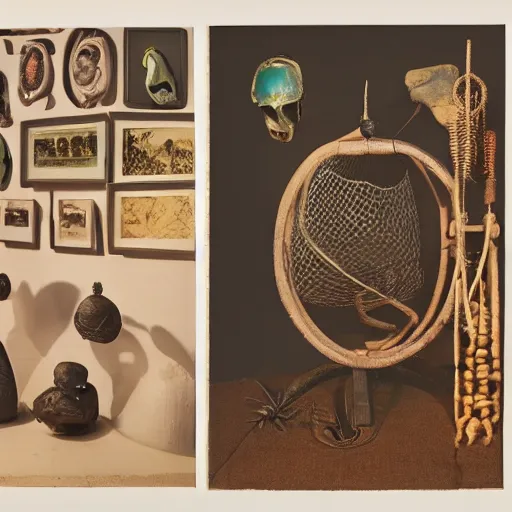 Image similar to A three color offset photography of surrealist objects on display, anthropology of wonder, surrealisme, exotic artifacts, colonial expedition, catalog exhibition, 60s style