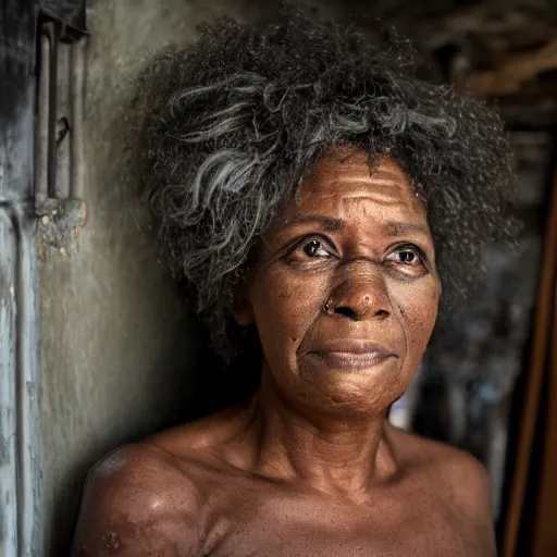 Older Black Woman Inside A House That Has Been Burned Stable