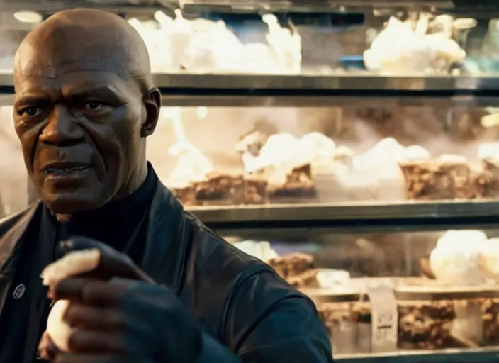 Image similar to film still of Nick Fury working in an Ice Cream shop in the new Avengers movie, 4k
