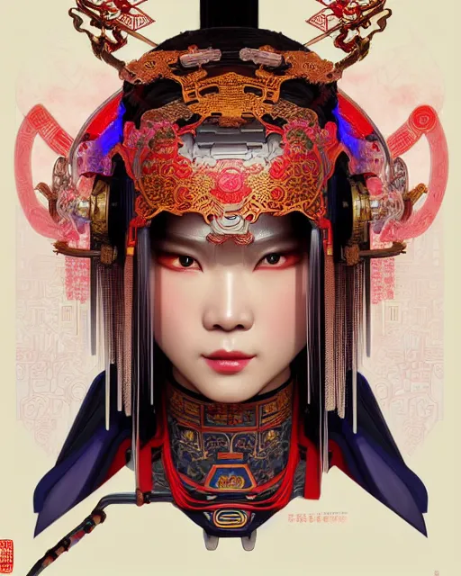 Image similar to portrait of a chinese cyberpunk machine, machine face, upper half portrait, decorated with chinese opera motifs, regal, asian, fine china, wuxia, traditional chinese art intricate intense elegant 京 剧 highly detailed digital painting artstation concept art smooth sharp focus illustration, art by artgerm and greg rutkowski alphonse mucha 8 k