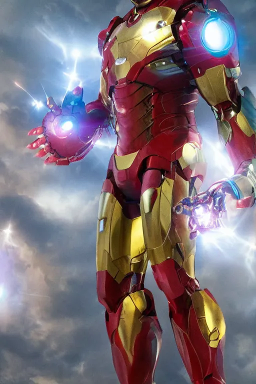 Prompt: iron man with the infinity gauntlet connected into the suit, cinematic, volumetric lighting, f 8 aperture, cinematic eastman 5 3 8 4 film, photorealistic