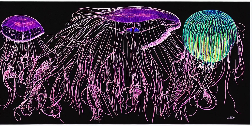 Image similar to cell shading jellyfish on black paper, vivid colours, by Moebius, hiroshi yoshida, Druillet