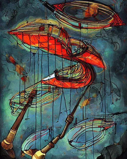 Image similar to the instrument pipa is used as firewood, burning cranes danced in the air, digital painting, concept art