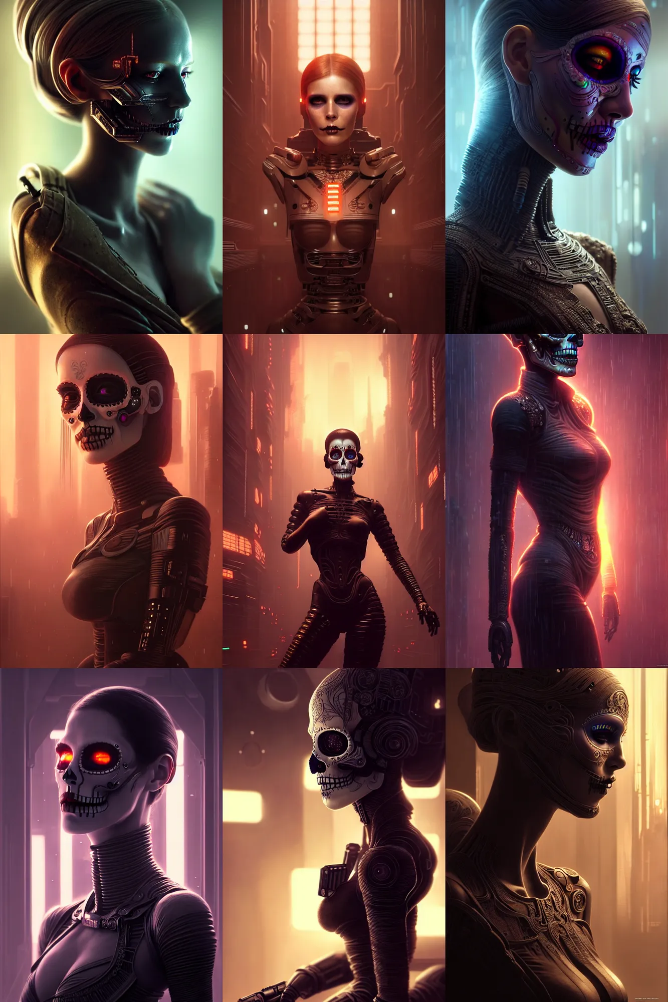 Prompt: beautiful female android!, intricate detailed environment, moody portrait by paul bellaart, global illumination, cinematic, ( el dia los muertos ), smooth, blade runner, photorealism, hd, 8 k, beautiful, cinematic, art by moebius and rutkowski and artgerm and michelangelo and mucha and loish and wlop