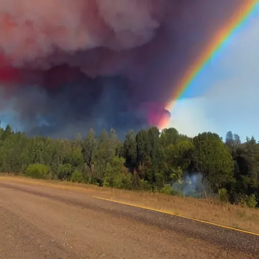 Prompt: wildfires ravaging a town with rainbow smoke, superflat, lisa frank