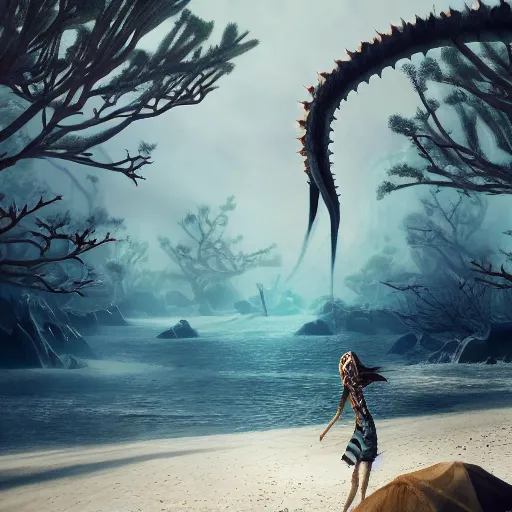 Prompt: stunning cinematic wide shot of a white sand beach with a forest of fulgurites surrounding a beautiful slick sea monster wearing clothes of kelp, fulgurites towering over the creature. well designed perfect with slick led eyes, sharp claws, cgsociety, hd octane render, fantasy, furry art, artstation, deviantart, furaffinity