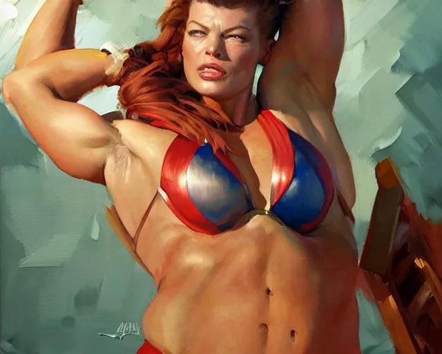 Prompt: greg manchess portrait painting of milla jovovich as beautiful thick female bodybuilder champion zarya from overwatch, medium shot, asymmetrical, profile picture, organic painting, sunny day, matte painting, bold shapes, hard edges, street art, trending on artstation, by huang guangjian and gil elvgren and sachin teng