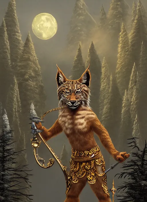 Image similar to anthropomorphic lynx holding a golden intricately decorated shiny scepter, night, spruce trees on the sides, mountains in the background, eerie dark atmosphere, moonlit, back light, in the style of fantasy movie, fantasy art, fantasy matte painting, trending on artstation