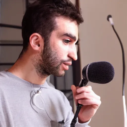 Prompt: handsome Portuguese male twitch streamer looking confused at his expensive microphone which isn't working, high quality photo, 4k