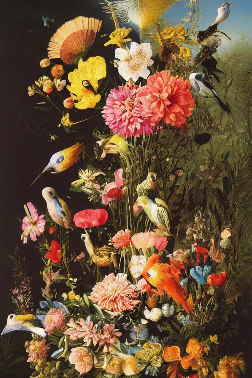 Prompt: painting of paradise birds flowers in a vase on a table, by rachel ruysch, ernst haeckel, audubon, dutch golden age, pop surrealism, biomorphic, made of birds and feathers