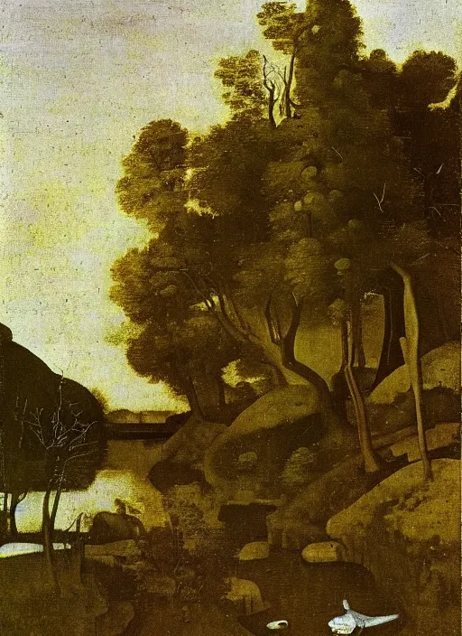 Image similar to unknown being in the river, the body seemed to dissolve in water. silver scales, splashed a pointed fin. The water broke ahead obeying the movement of a strong being. medieval painting by Jan van Eyck, Johannes Vermeer, forest