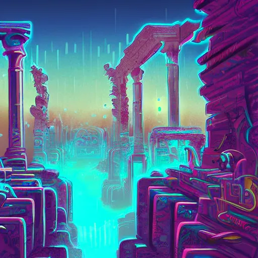 Image similar to neon ancient ruins,digital art retrowave art,trending on art station