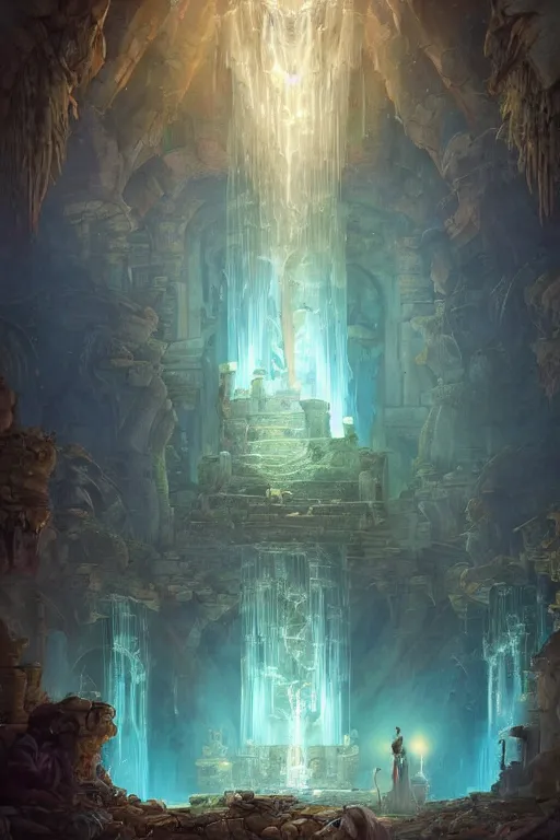 Image similar to Detailed Interior of Temple Ruins, Cascading Waterfalls, light of god, light shafts, candles, stunning atmosphere, in Style of Peter Mohrbacher, cinematic lighting
